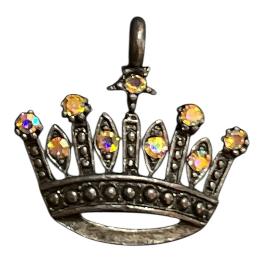 Crown Pendant Charm with Aurora Borealis Stones - Silver Tone
